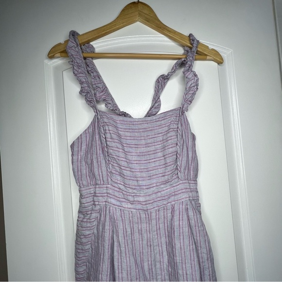 Anthropologie Elevenses Nantucket gray pink striped linen ruffle jumpsuit size 4 - Picture 7 of 7